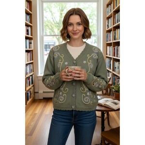 Kindred Spirit Sweater Cardigan Women's S Green‎ Floral Embroidered Cottage NWOT